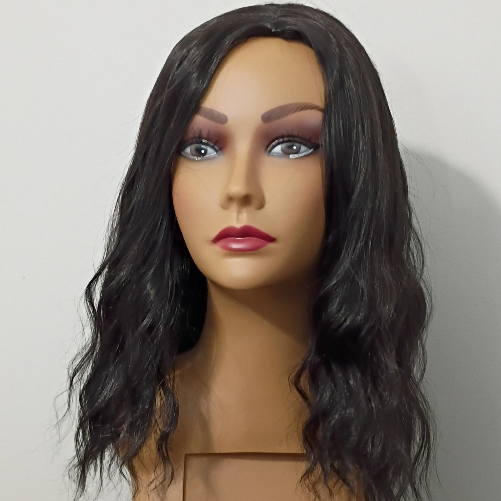 Long Black Wavy Synthetic Wig Classic Cap Middle Part Adjustable Strap