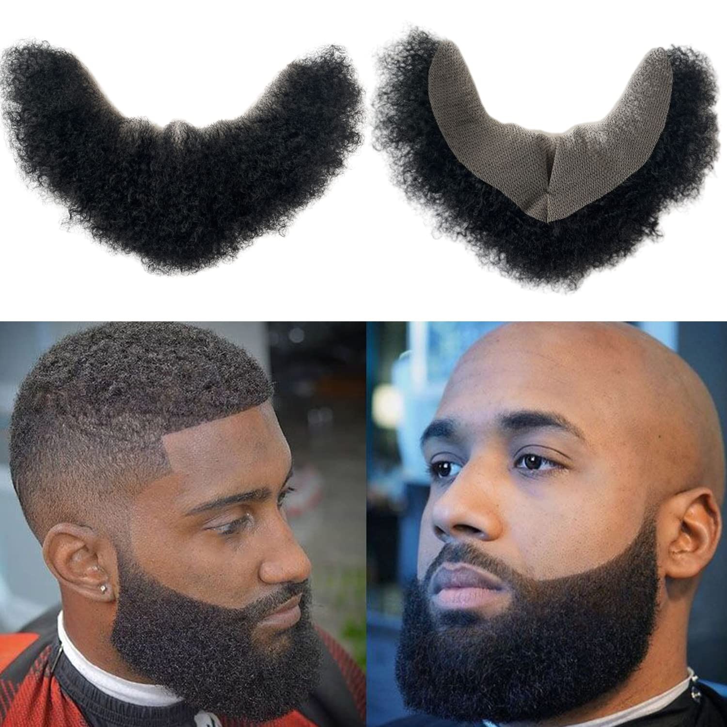 Human Hair Afro Curl Face Beard Mustache for American Black Men Realistic Mak…