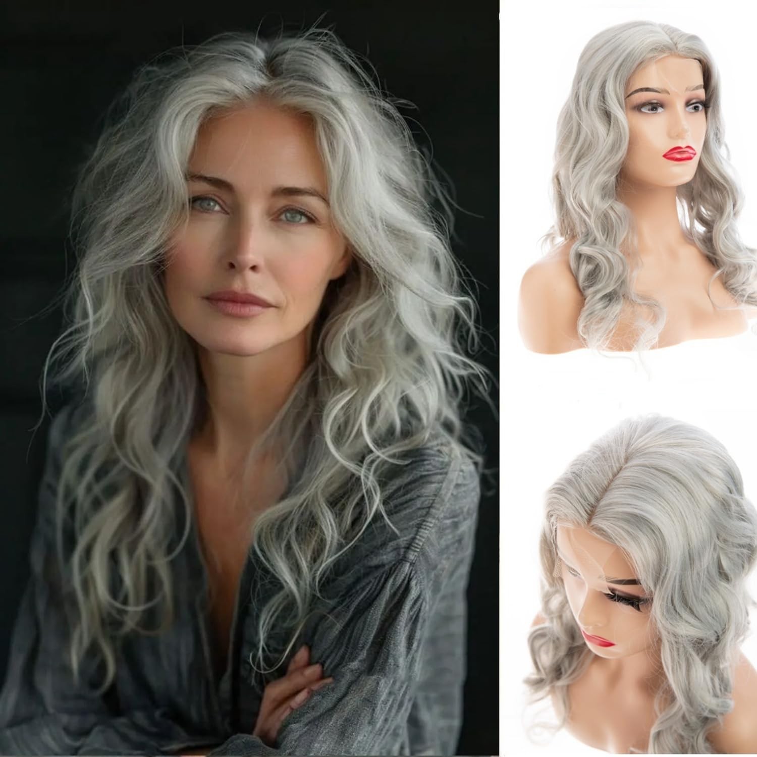 Long Curly Wavy Gray Lace Wig for Women Middle Part Small Lace Front Wig Synt…