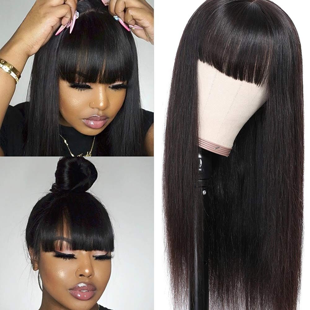 Straight Wig Human Hair with Bangs Machine Made Brazilian Virgin Human Hair Wig