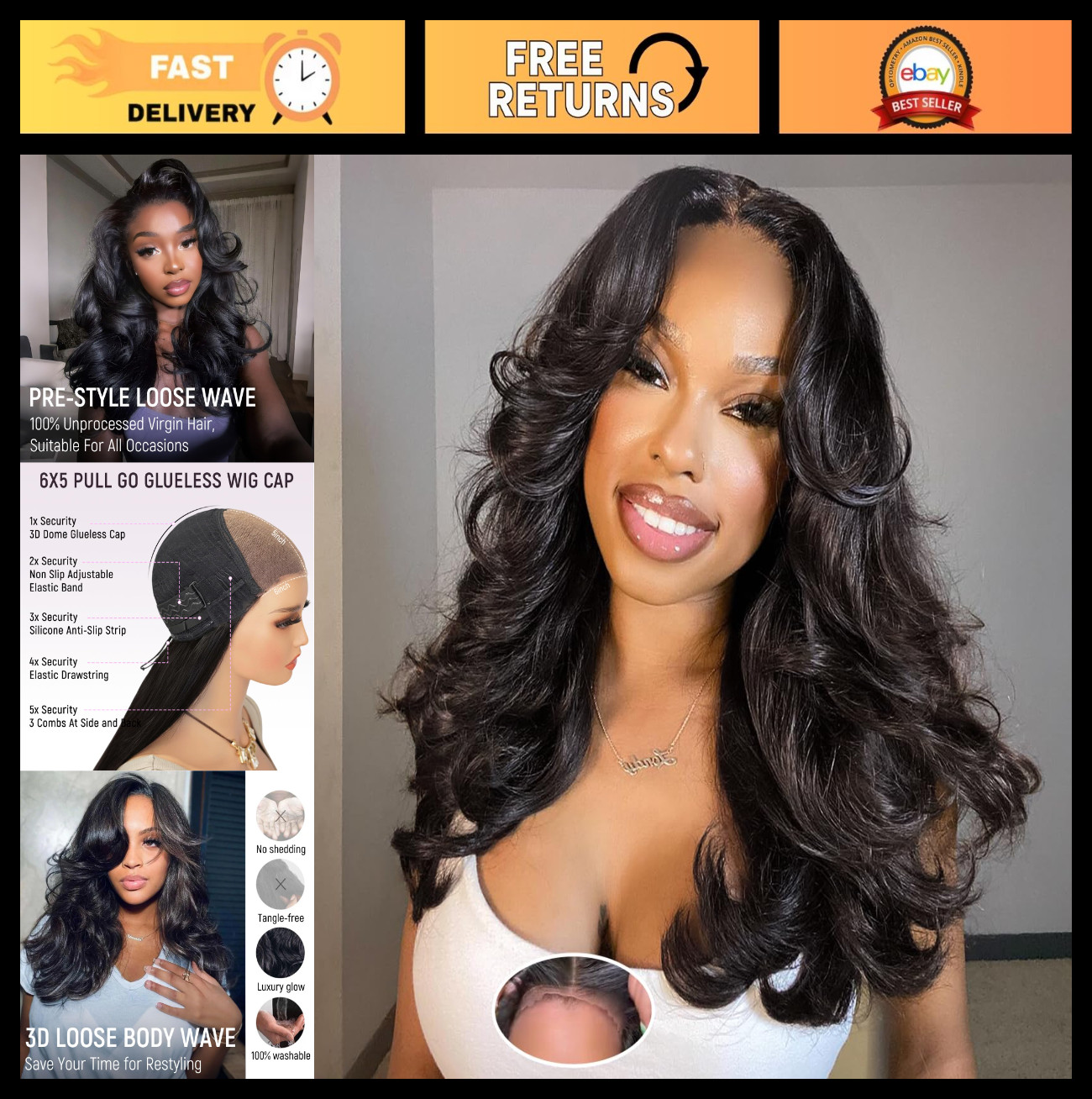 Glueless Human Hair Wig 18″ Loose Body Wave HD Lace Closure, Pre Plucked, 200% D
