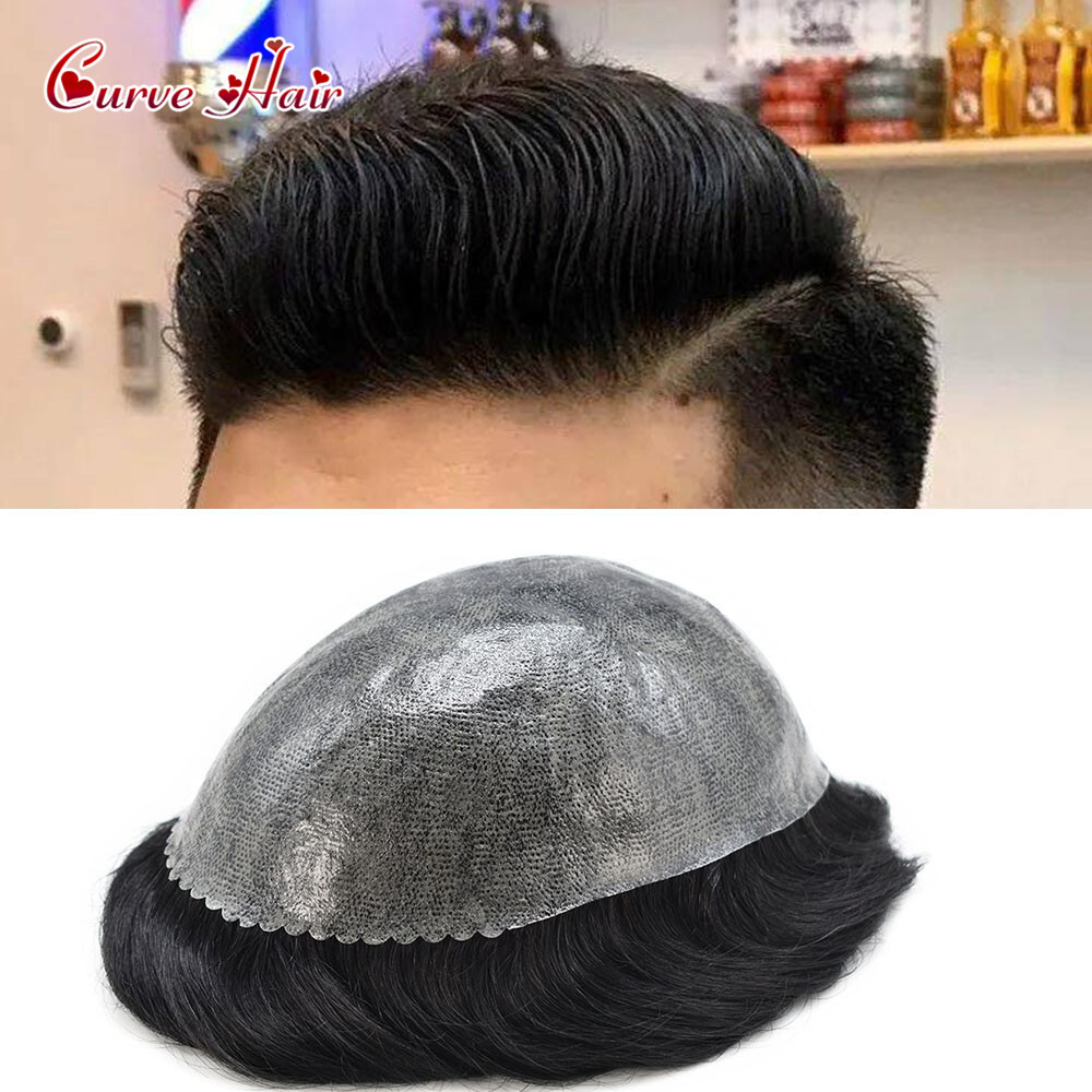 Mens Toupee Human Hairpiece Full Poly Thin Skin Hair Replacement System Wig Unit