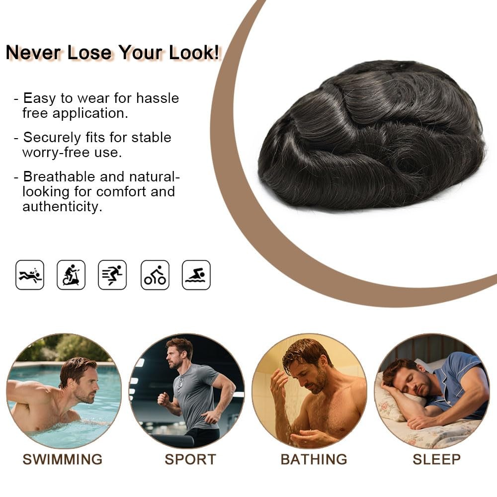 Mens Toupee Ultra Thin Skin Hair Replacement System Invisible V-Loop Hair Piece