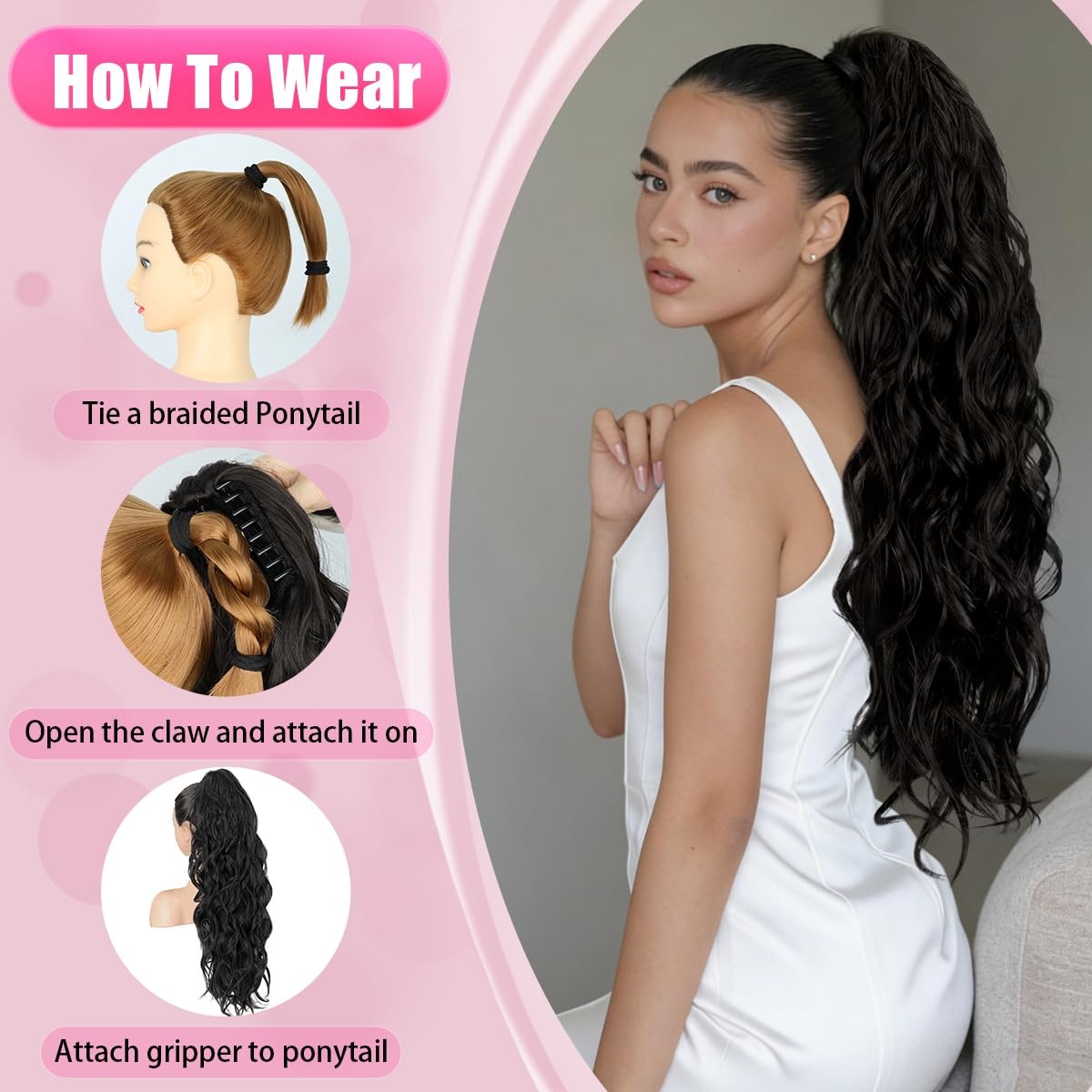Ponytail Extension 26 Inch Wavy 200g Claw Clip Black – Easy to Wear Daily