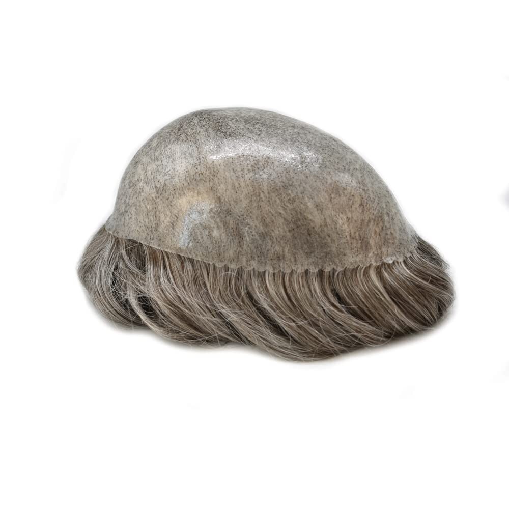 All PU Mens Toupee Human Hair Replacement System Skin PU Grey Brown Hairpiece
