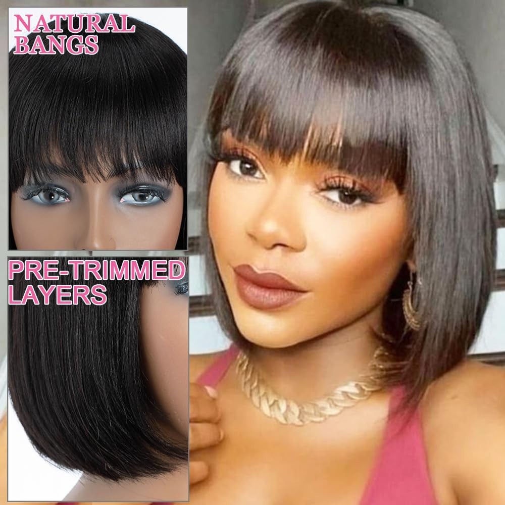 Bob WigWith Bang BrazilianVirgin Short Straight Human Hair Wig No Lace Front Wig
