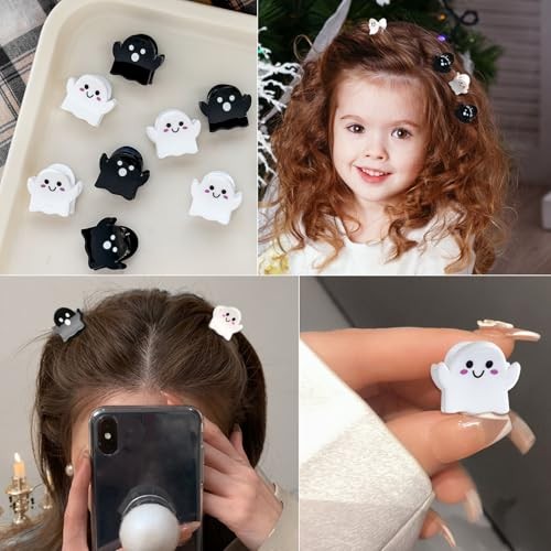 8Packs Mini Halloween Christmas Hair Clips,Spooky Cute Ghost black and white