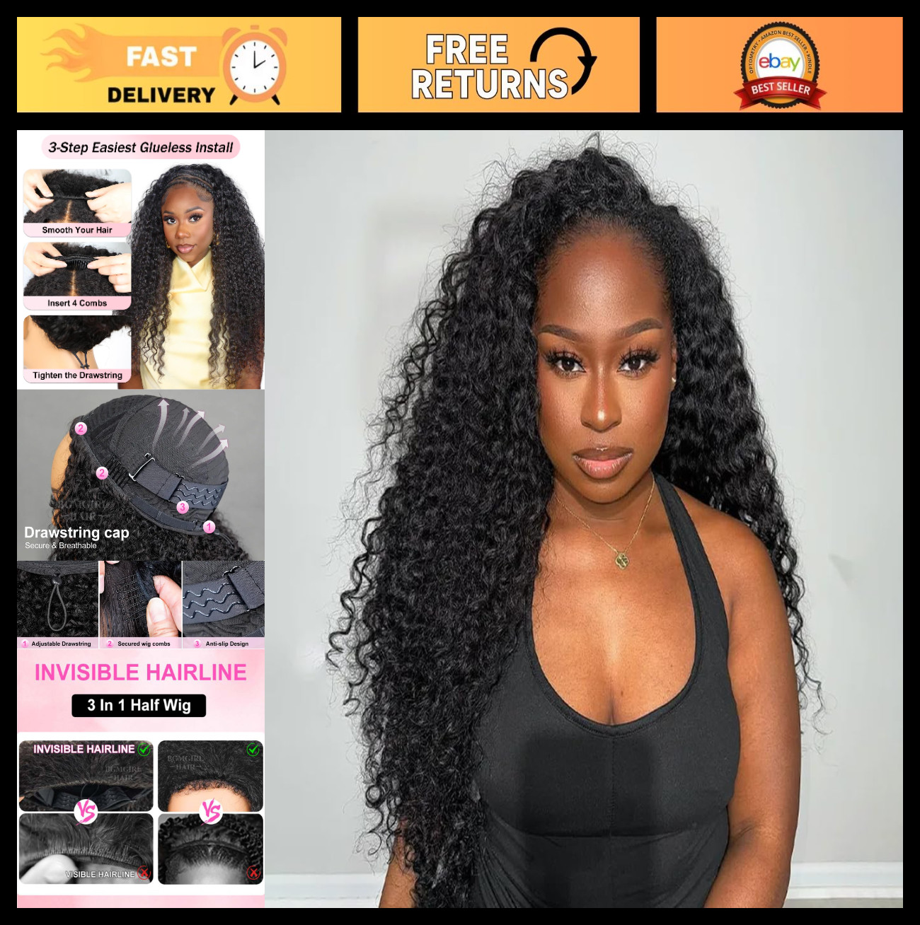Water Wave Half Wig 22″ Human Hair – Beginner Friendly, Glueless, Clip-In, Natur