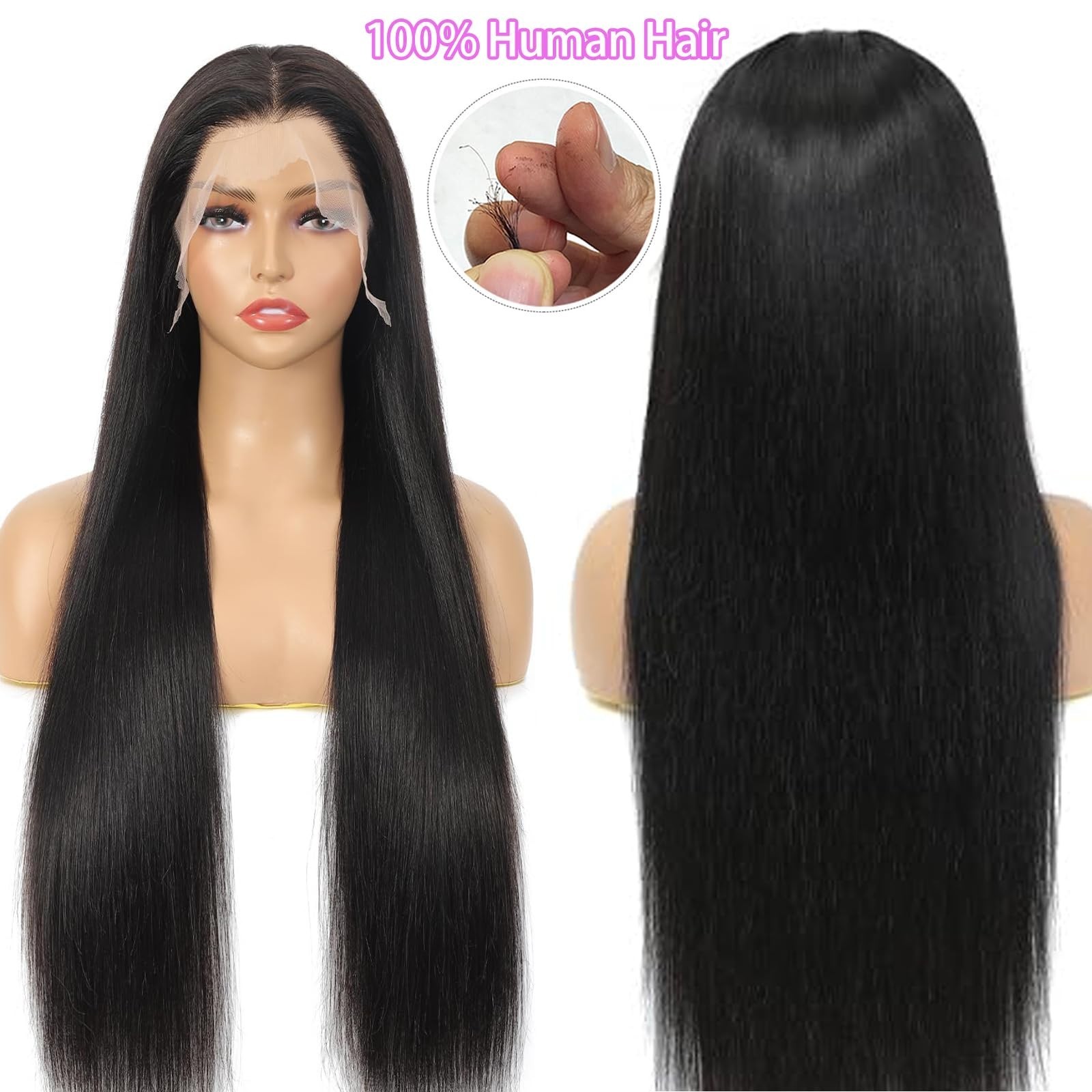 32″ 13×6 Lace Front Wig, 100% Human Hair, Pre-Plucked, Straight, HD Lace, Gluele