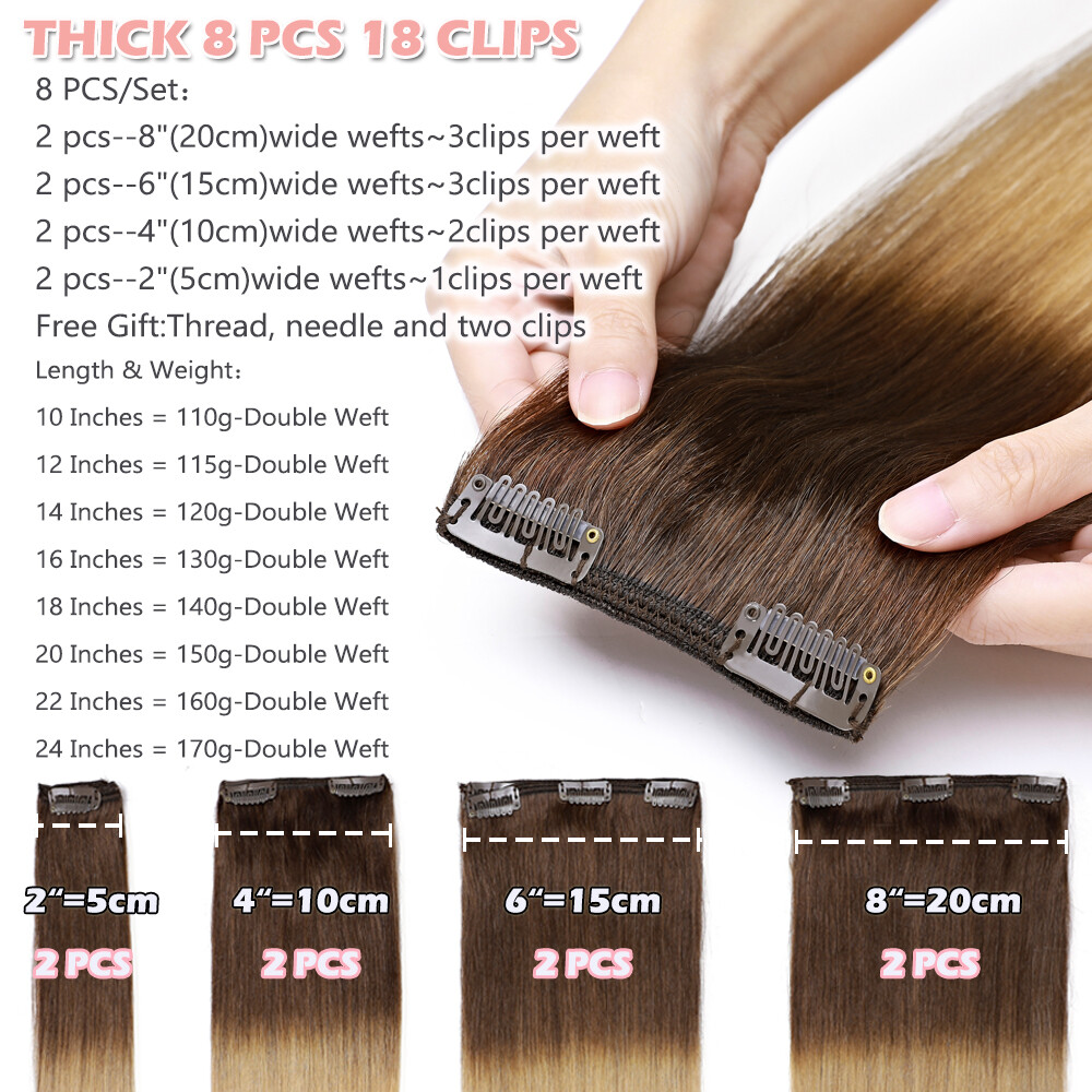 170G THICK Clip In Double Weft 100% Real Human Remy Hair Extensions Full Head