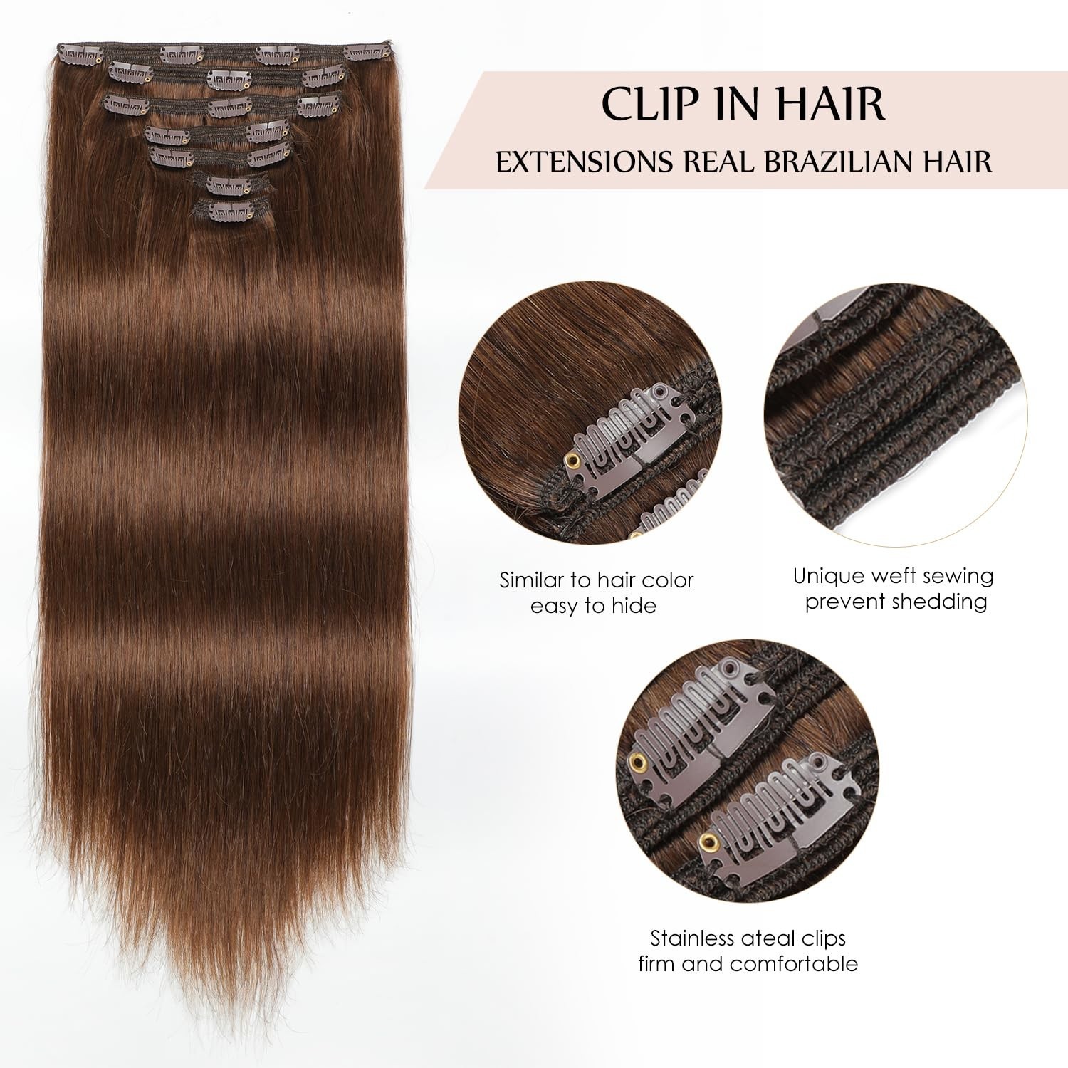 18 Inch Clip-In Hair Extensions, 150g Real Human Hair, Chocolate Brown, Soft Str