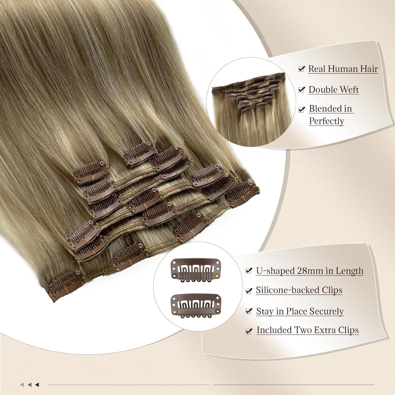70g Beige Blonde Remy Hair Extensions Clip in Human Hair Extensions Seamless #18