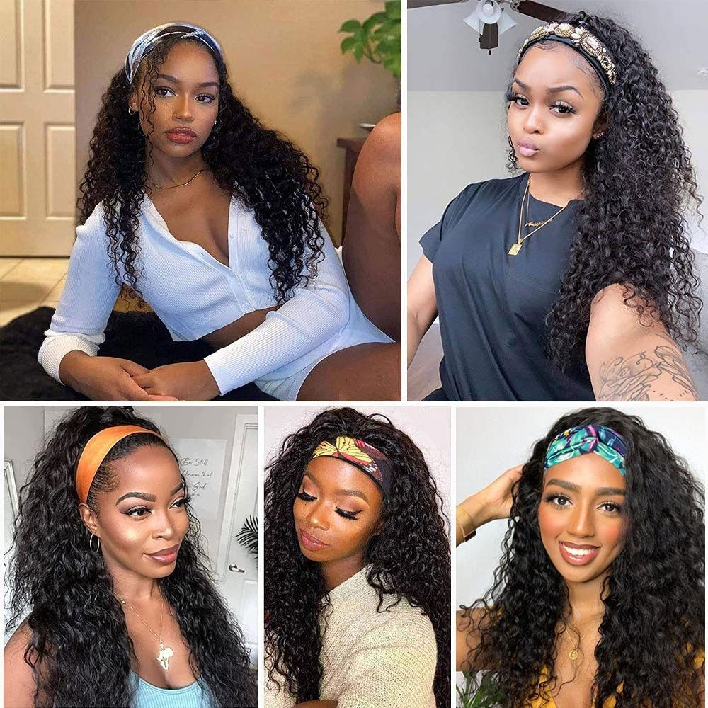 Women Headband Wig Long Curly Black Synthetic Hair Ice Silk Band