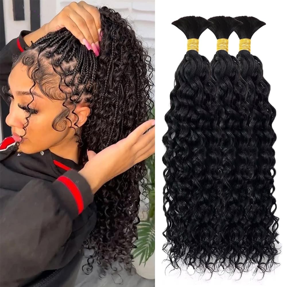 Human Braiding Hair 3 Bundles/Pack 150g Curly Water Wave Bulk Hair for Braidi…