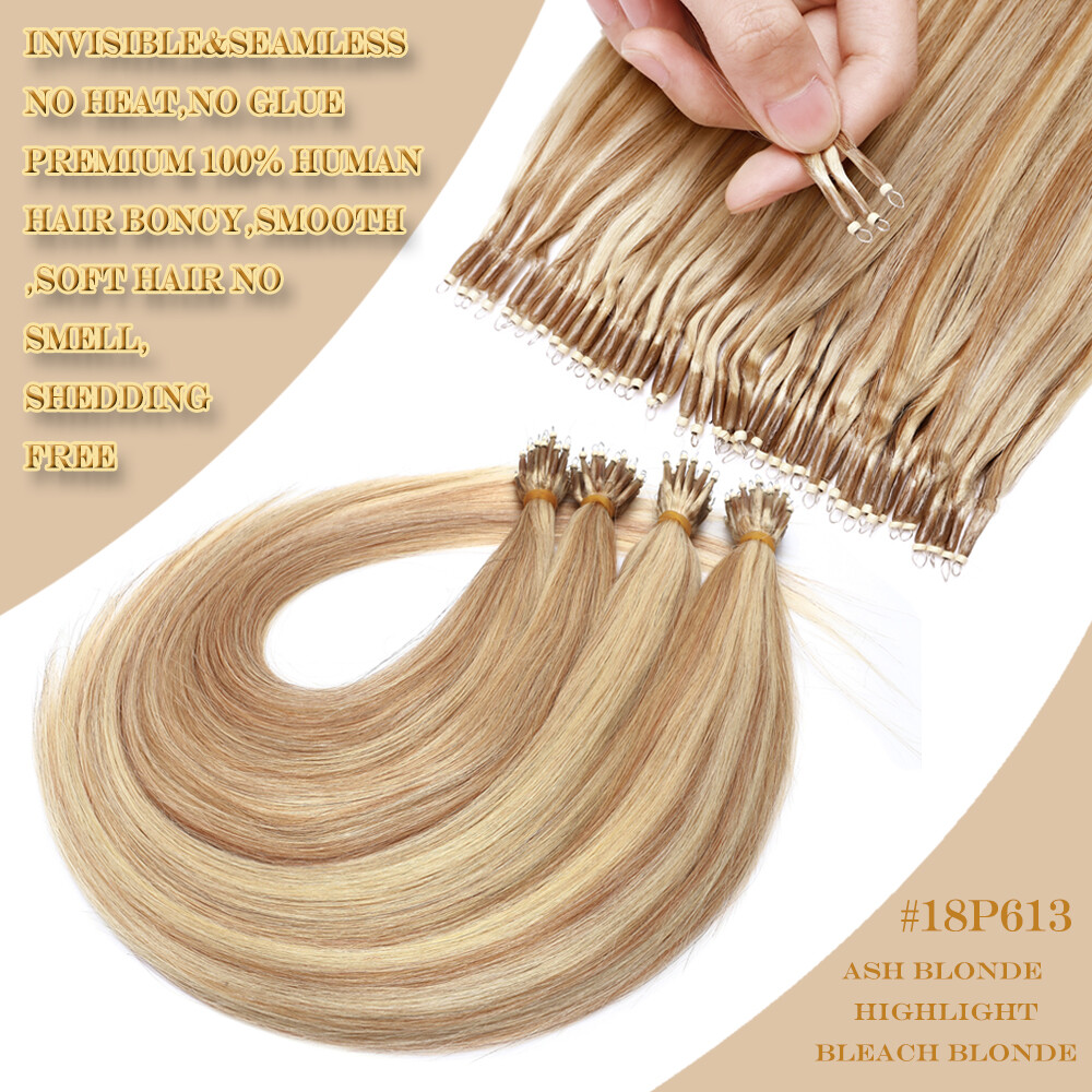 200PCS Thick 100% Remy Human Hair Extensions Nano Ring Micro Loop Beads Caramel