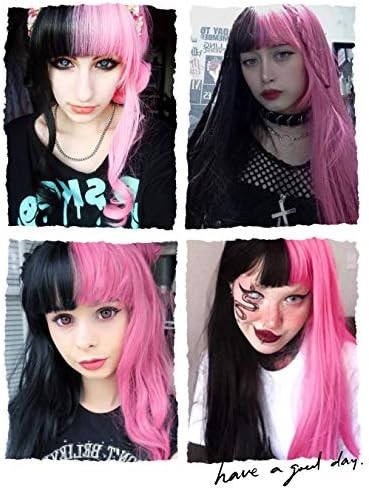Half Pink Half Black Wavy Wigs Long Curly Wavy Split Synthetic Wig with Bangs Ha