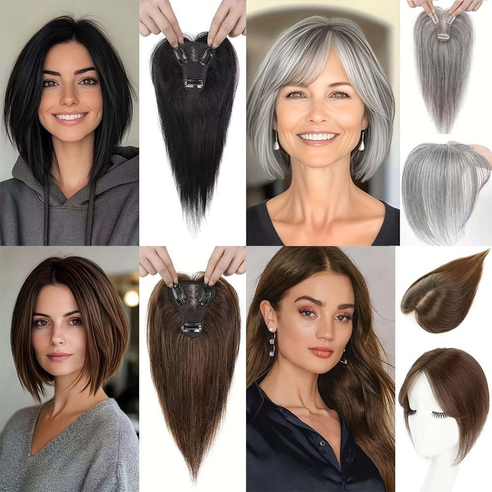 Premium Breathable Human Hair Topper with Bangs for Thinning & Gray Hair Needs