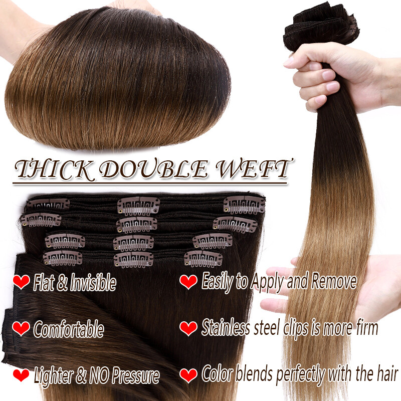 Thick Double Weft Clip In Real Remy Human Hair Extensions Full Head Highlight US