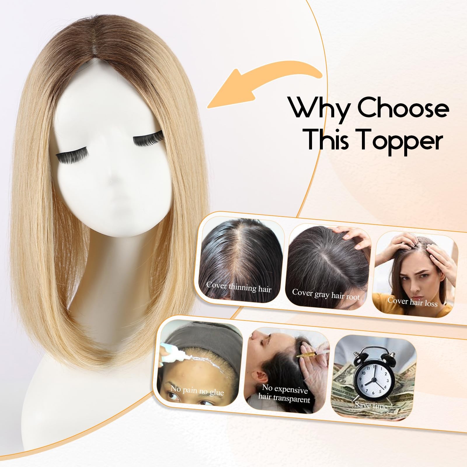 EMMOR 14in Synthetic Hair Topper with 3 Clips 5×3.5 Base Ombre Light Blonde
