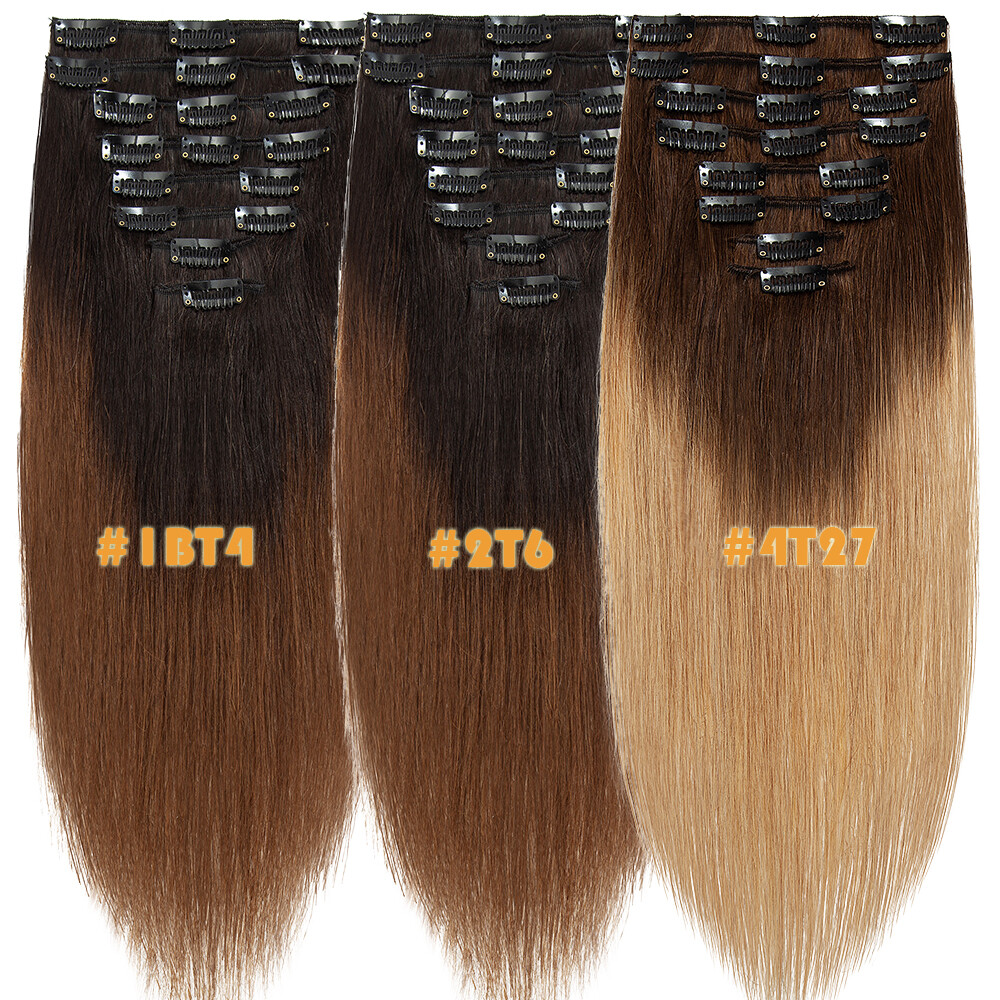 100% Soft Clip In Remy Real Human Hair Extensions Full Head 8PS Weft Black Brown