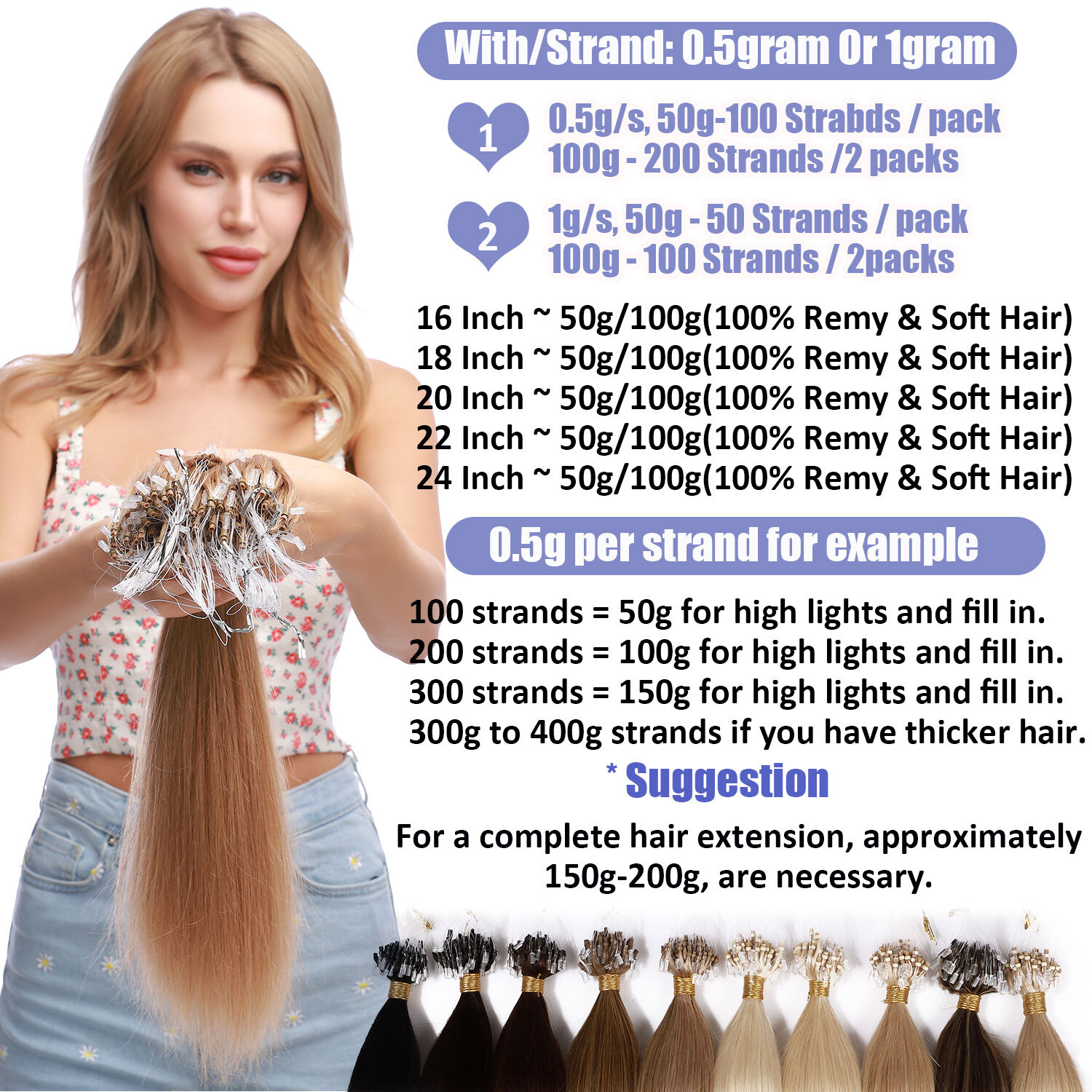 THICK 100% Russian Remy Human Hair Extensions Micro Loop Nano Ring Bead Balayage