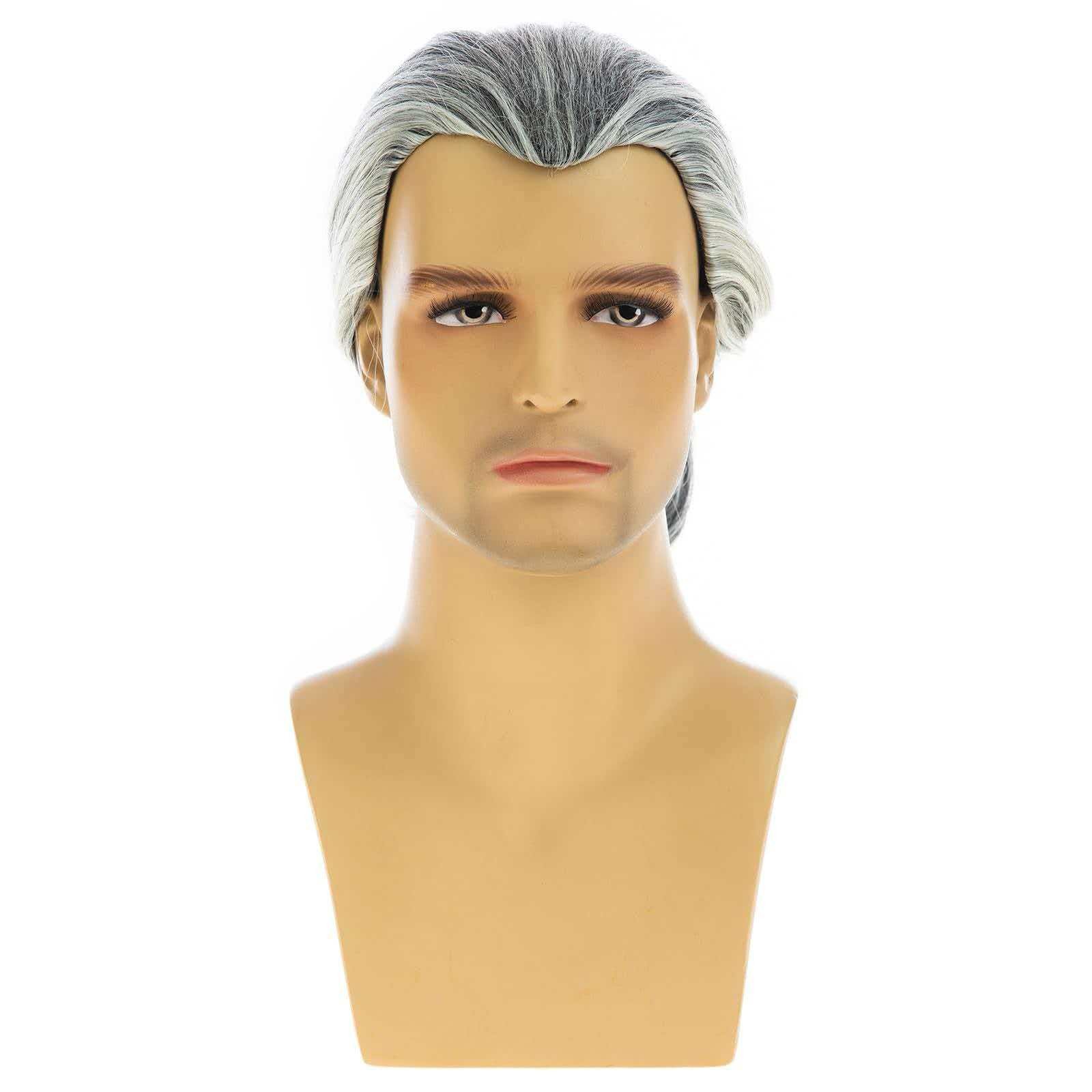 Men’s 14in Silver Gray Full Wig Heat Resistant Synthetic Cosplay Halloween Party