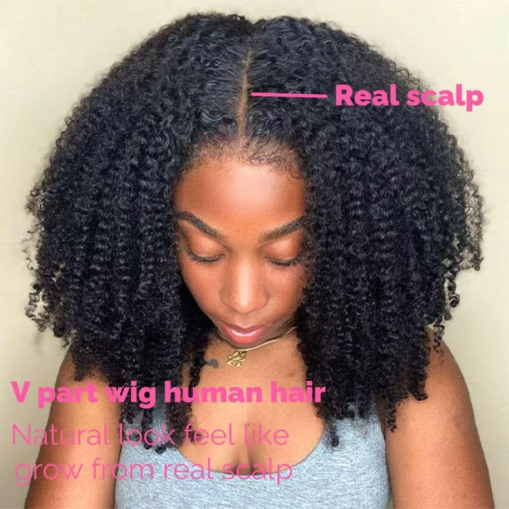 V Part Wig Human Hair Kinky Curly Half Wig for Black Women Curly V Part Wig