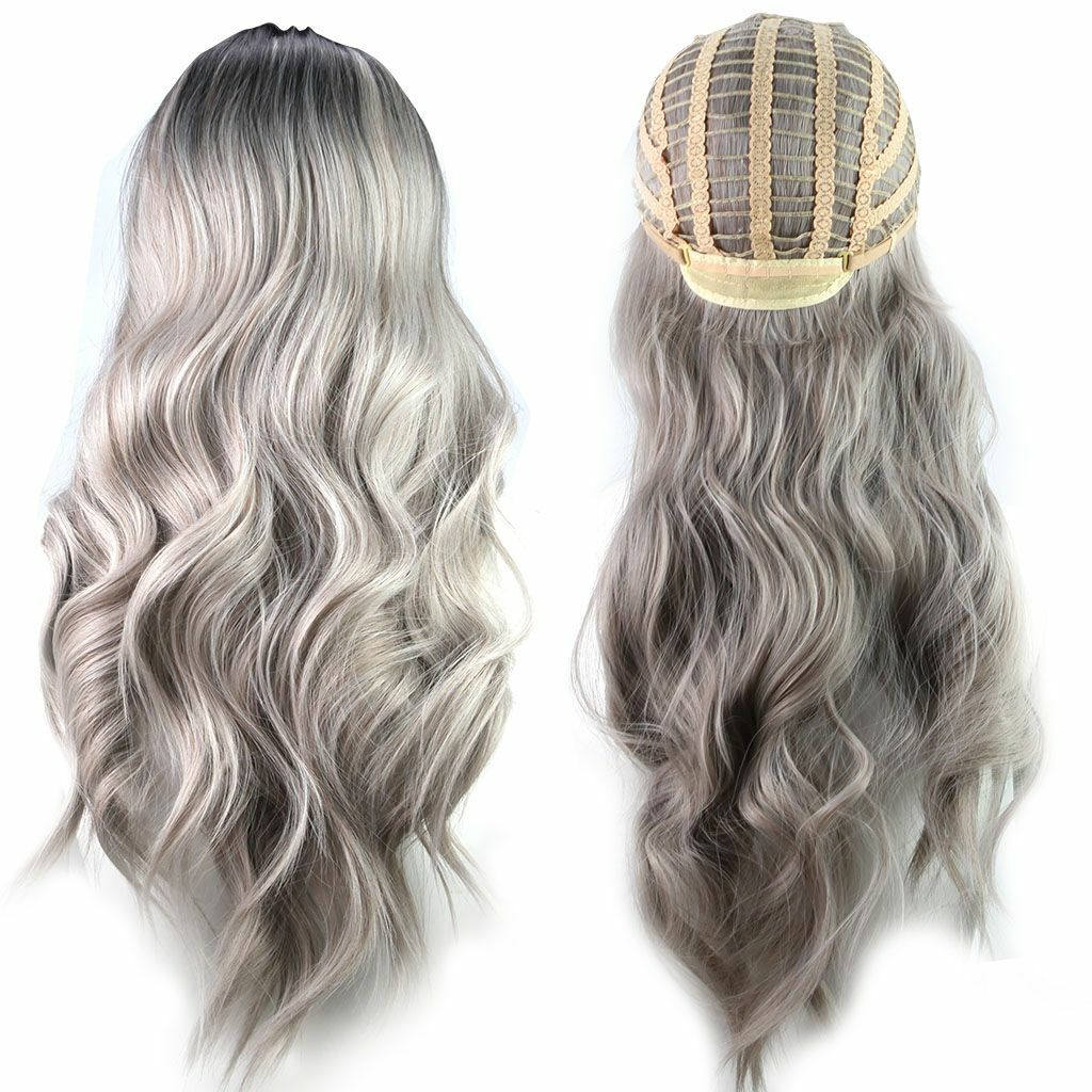 Women Lady Ash Gray Silver White Ombre Long Wavy Curly Blonde Wig Synthetic Hair