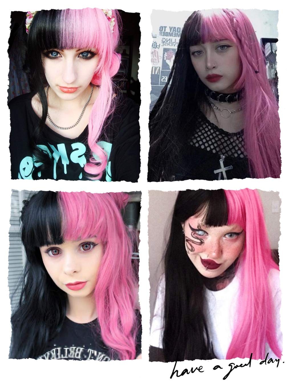 Half Pink Half Black Wavy Wigs Long Curly Wavy Split Synthetic Wig with Bangs…