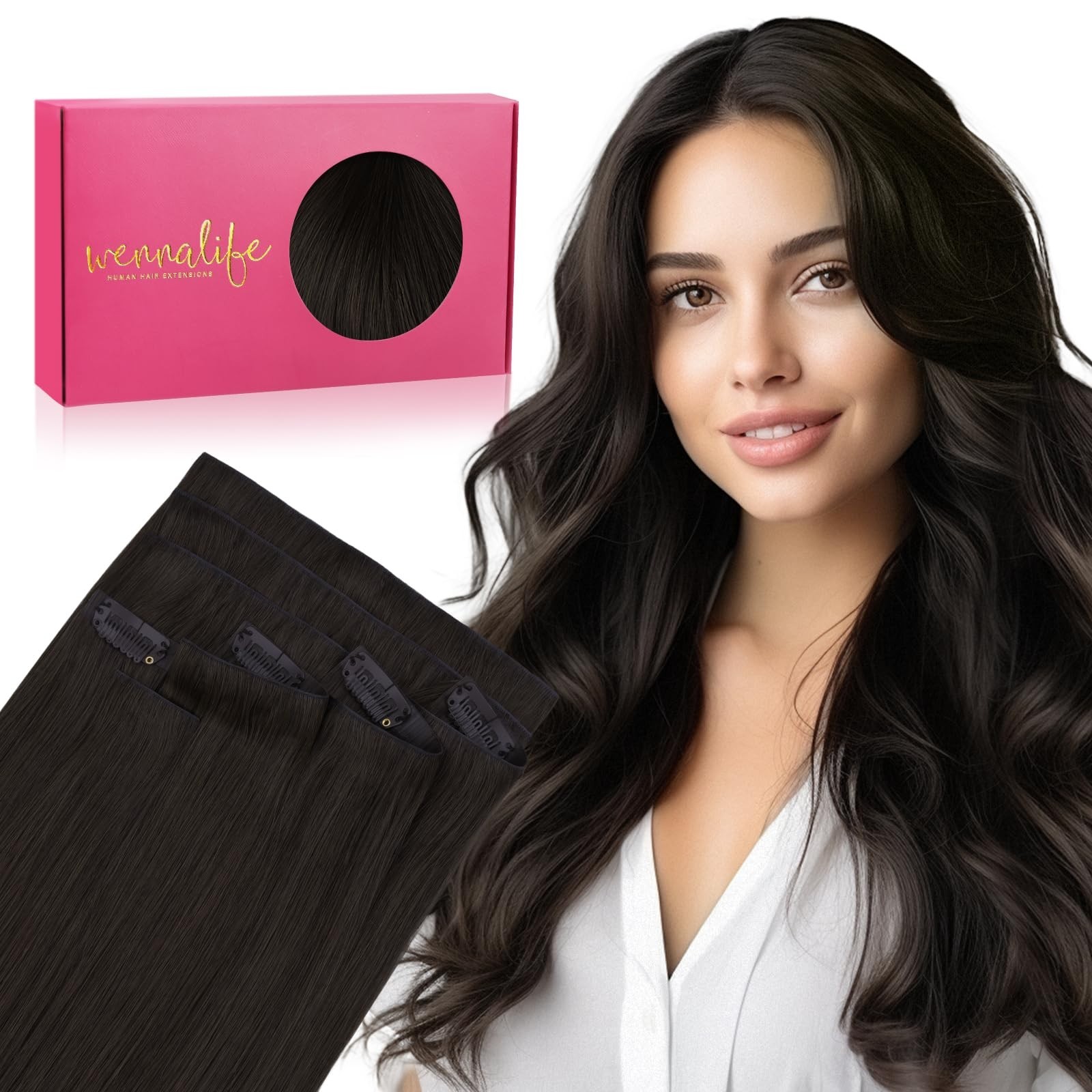 20″ 150g Dark Brown Clip-In Hair Extensions, Real Human Hair, Seamless PU Weft,