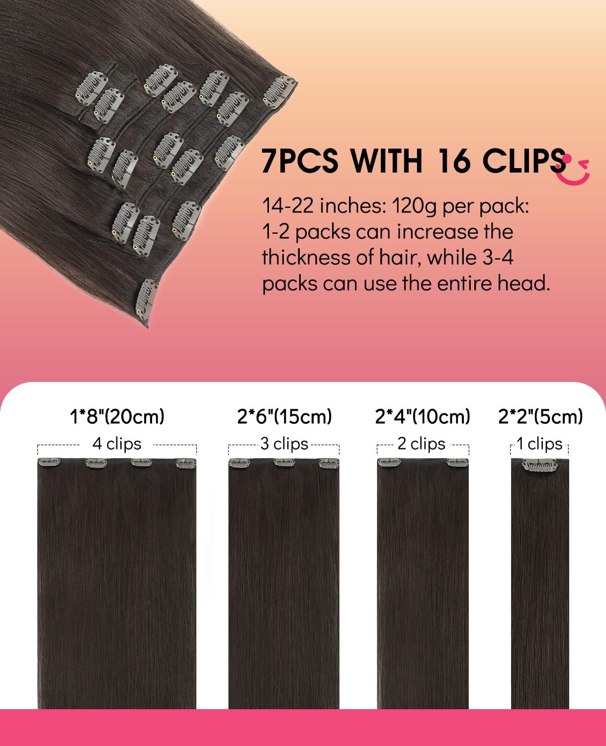 20″ Clip-In Human Hair Extensions, Tangle-Free, Thick Ends, 120g, Dark Brown