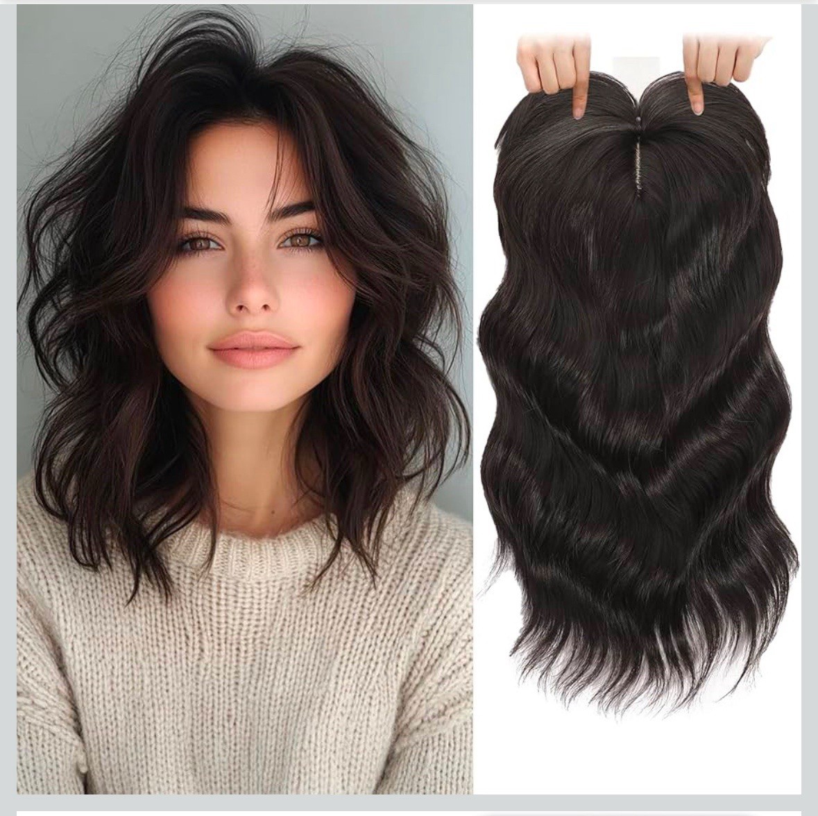 TYQ Hair Toppers 14” Synthetic Curly Wavy Side Part Clip in Bangs(Brown Black)