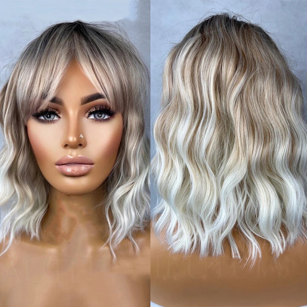 12″ Ash Blonde to Light Blonde Balayage Bob Wave Wig Lace Front Human Hair Wigs