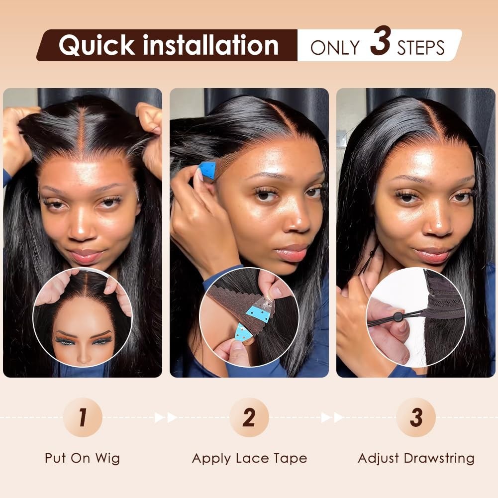 13×6 Straight Lace Front Wig Human Hair, Pre-Plucked, 200 Density, Glueless, Dra
