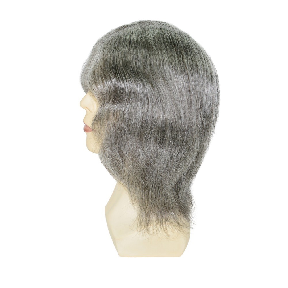 Mens Human Hair Full Head Wigs Thin Poly Skin Grey Wig Medium Size 6” #1B65