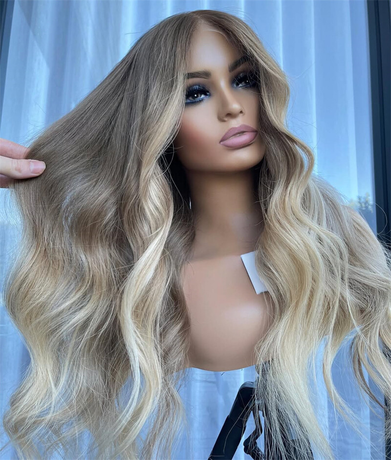 13×4 Lace Frontal Wig Human Hair Ombre Ash Brown Blond Body Wave Pre Plucked