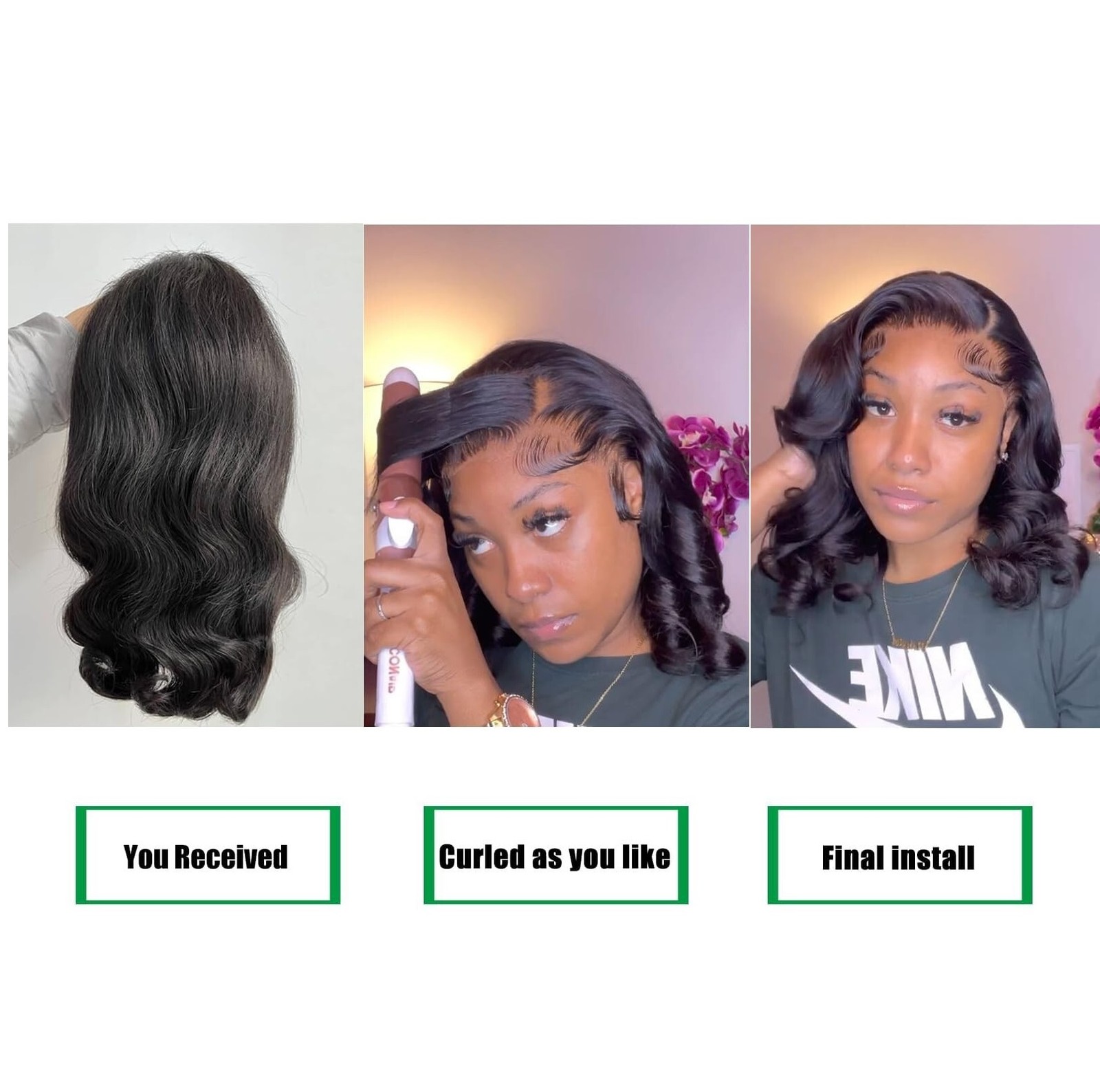 14″ Brazilian Bob Wigs Human Hair Natural Black Wave Lace Front Glueless Wigs
