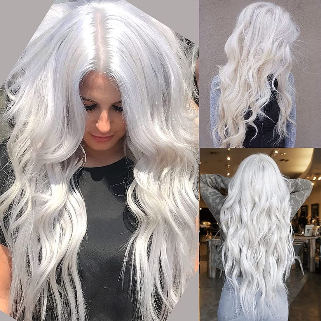 Long Curly Wavy White Wig Middle Part Cosplay Wig Synthetic Heat Resistant Co…