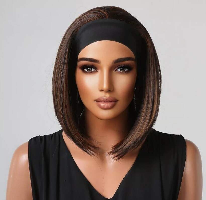 Mixed Brown Short Straight Synthetic Headband Wigs for Black Women Bob Hair Wigs