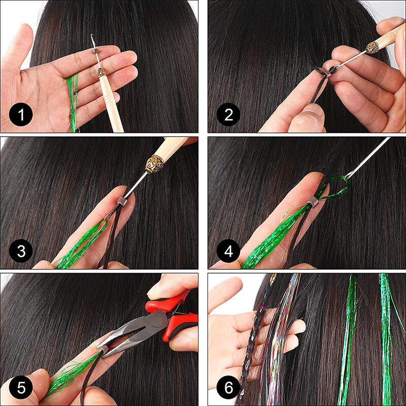 12 Colors 2400 Strands Hair Tinsel Kits Glitter Hair Extensions w/ Tool 47 Inch