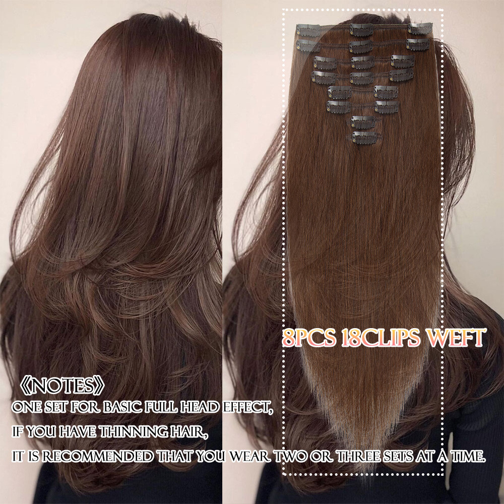 100% Human Hair Clip In Remy Hair Extensions Real Soft FULL HEAD Invisible Grey#