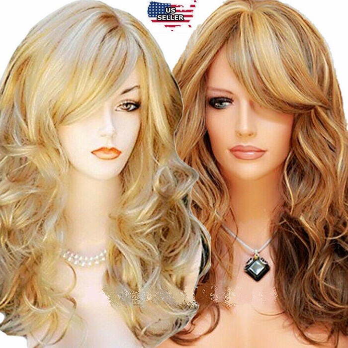 NEW Womens Golden Blond Heat Resistant Long Curly Wavy Full Volume Hair Wig USA