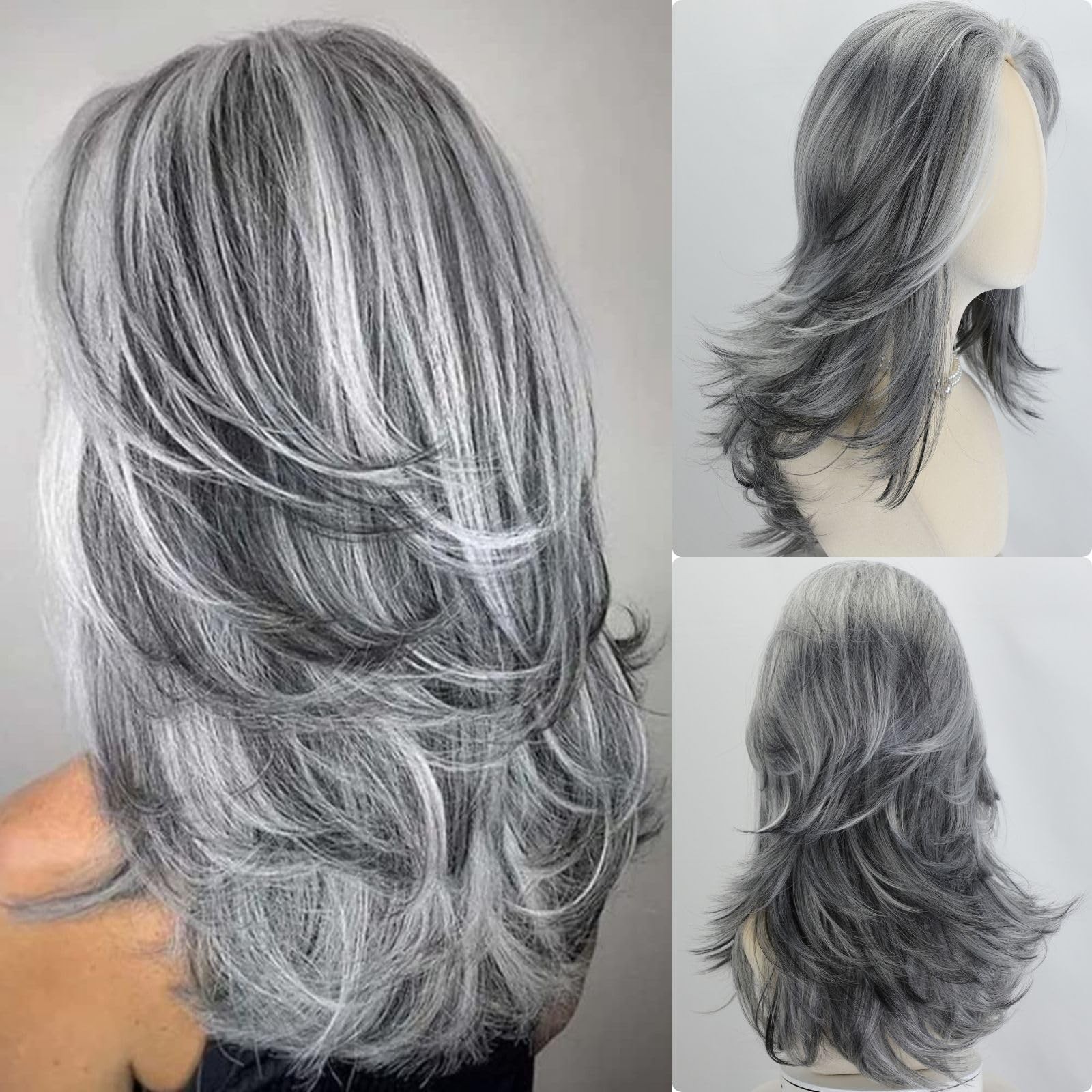 Silver Grey Wigs For White Women 20 Inch Medium-length Wavy Layered Salt Pepp…
