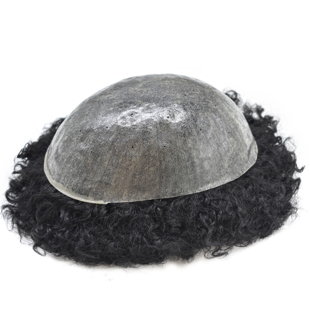 Afro Curl Mens Toupee Poly Skin Hair System Replacement for Men Breathable Holes