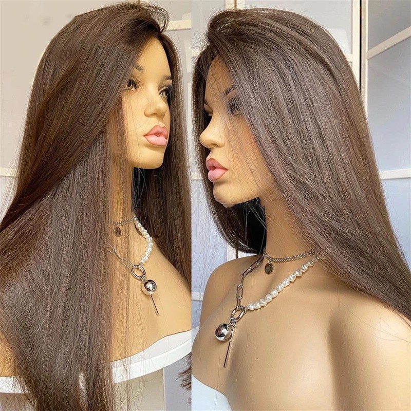 Layered Brown Lace Front Wig Long Straight Women Synthetic Hair Heat Resistant