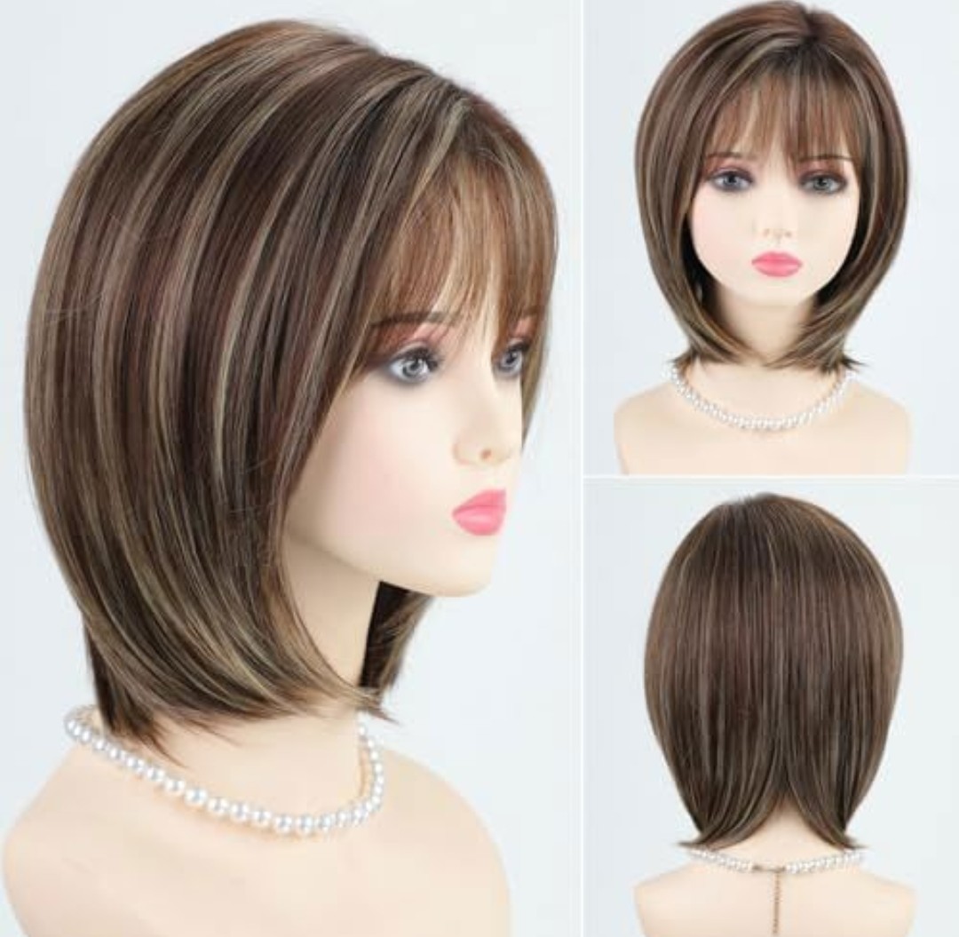 Ombre Brown with Blond Highlights Layered Bob Wig with Bangs, Medium Length