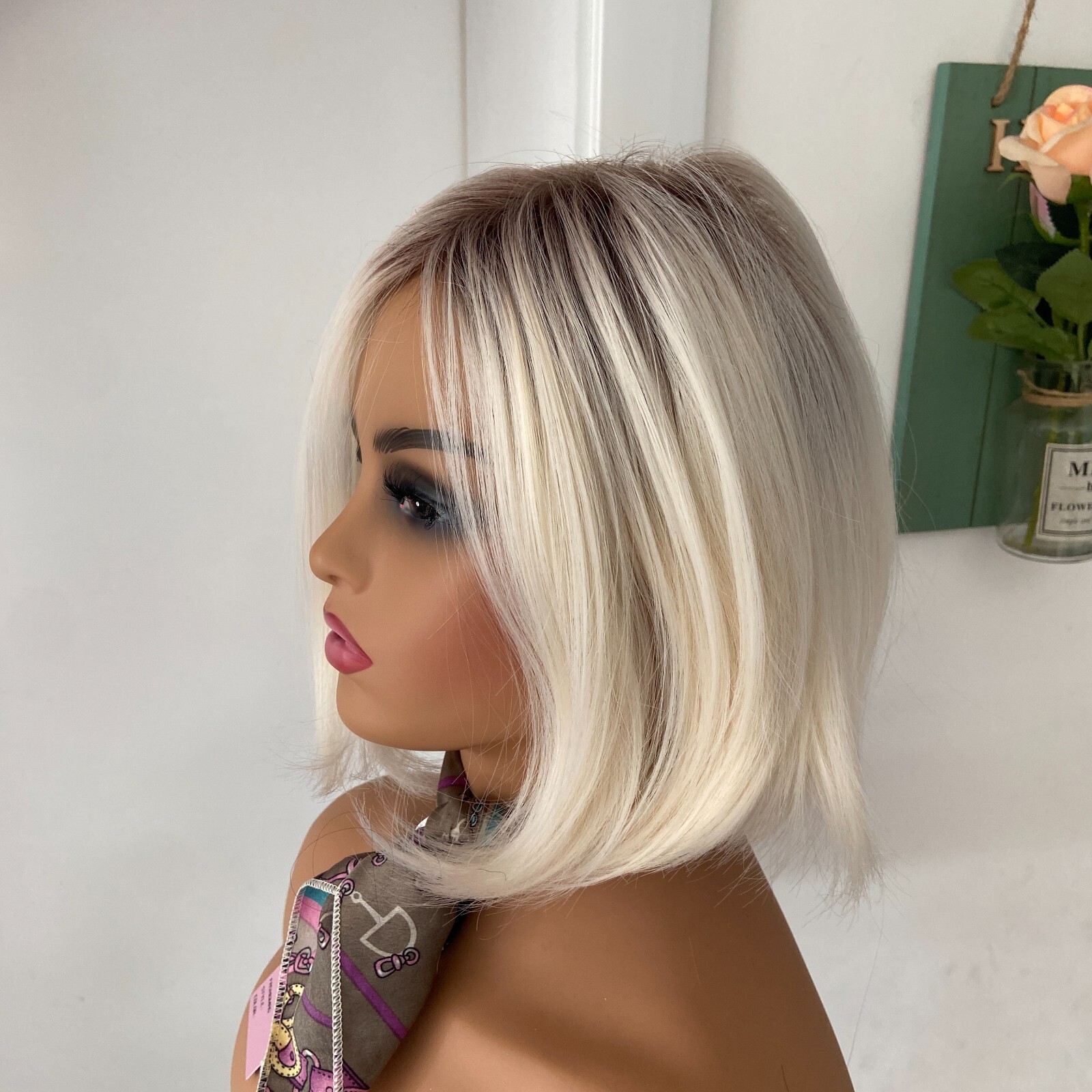 Short Bob Rooted Platinum Blonde Mix Synthetic Hair Wigs Women Soft Natural