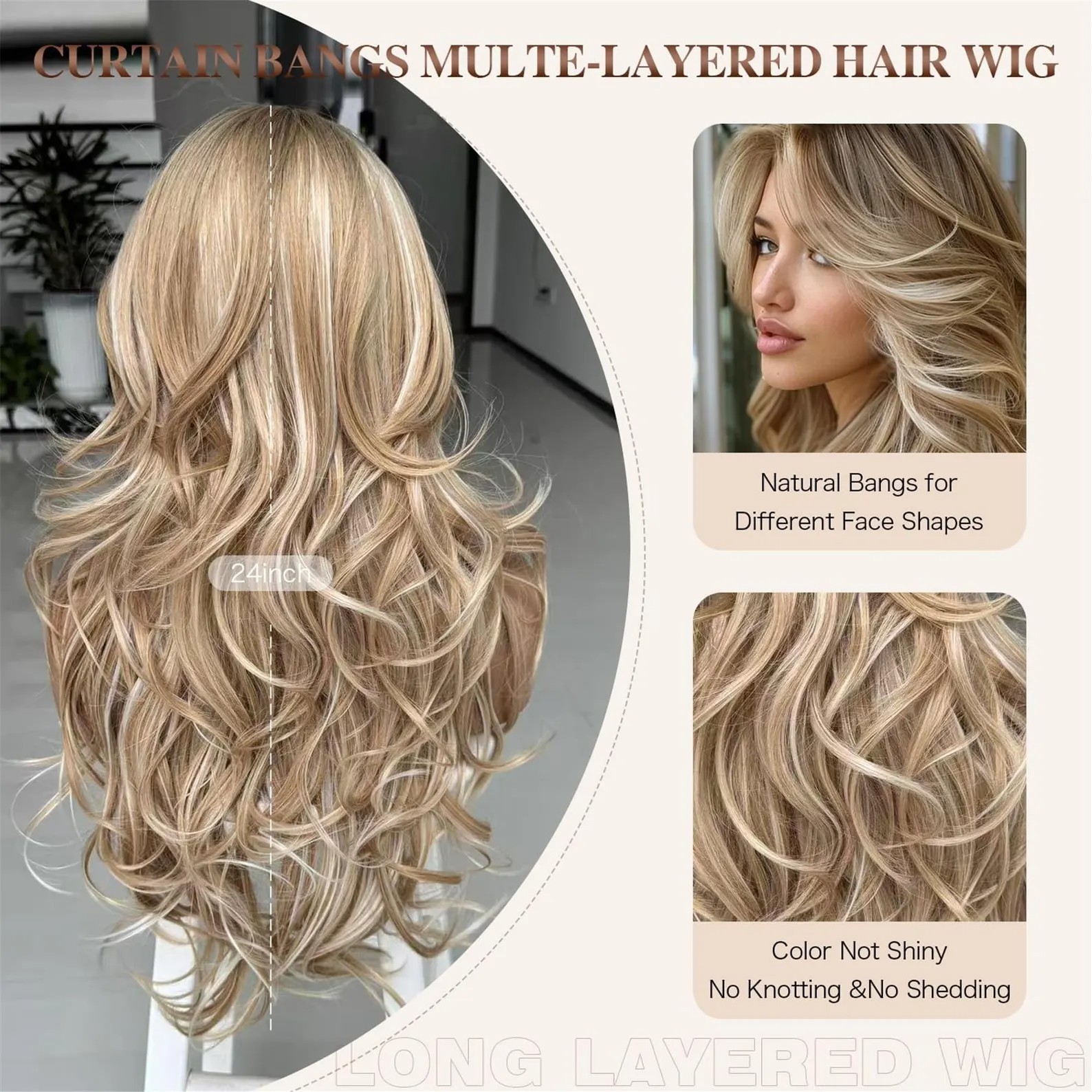 Platinum Blonde Highlight Ombre Light Brown Wig Long Wavy Layererd Wig
