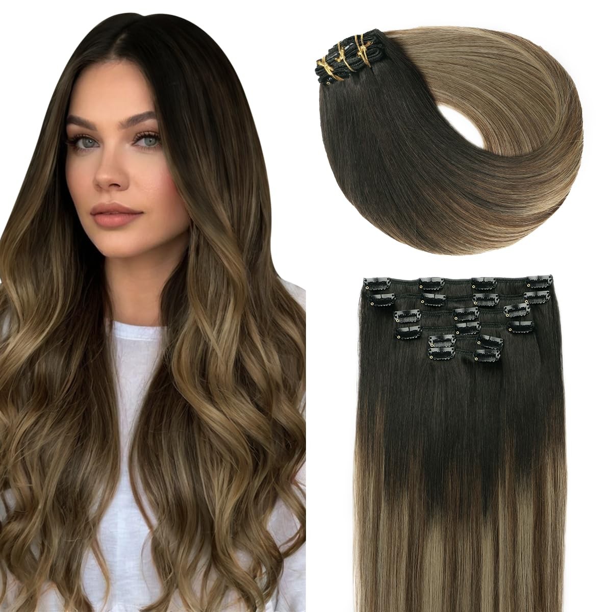 Surnel Clip In Hair Extensions Natural Black To Chocolate Brown And Caramel