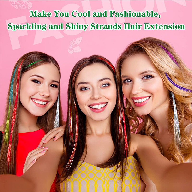 12 Colors 2400 Strands Hair Tinsel Kits Glitter Hair Extensions w/ Tool 47 Inch